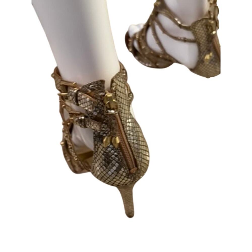 GUESS Gold Studded Strappy Heels Snake Embossed Leather Size 7.5 - Picture 4 of 10